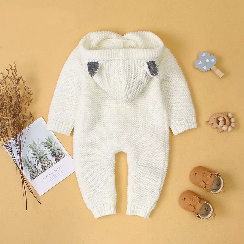 White 3M-24M Three Dimensional Small Ear Hooded Knitted Baby Romper